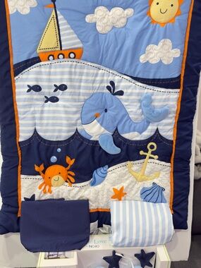 Nautical Whale Baby crib bedding set w mobile new see details